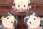  3girls black_hair braid brown_hair butterfly_hair_ornament ceiling commentary_request face from_below hair_intakes hair_ornament indoors kimetsu_no_yaiba long_hair looking_at_viewer looking_down low_twintails motsushi multiple_girls nakahara_sumi smile takada_naho terauchi_kiyo twin_braids twintails 