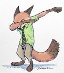  2017 anthro barefoot bottomwear brown_body brown_fur canid canine clothed clothing dabbing disney fox fully_clothed fur gloves_(marking) mammal markings necktie nick_wilde pants reaction_image red_fox ribbontini shirt simple_background solo standing topwear white_background zootopia 