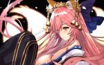  1girl animal_ear_fluff animal_ears bare_shoulders bell blue_ribbon blush breasts fate/grand_order fate_(series) fox_ears from_side hair_bell hair_ornament hair_ribbon large_breasts long_hair off_shoulder petals pink_hair ribbon sidelocks solo tamamo_(fate)_(all) untsue very_long_hair 