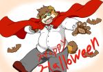  2019 anthro belly bottomwear brown_body brown_fur canid canine canis clothing domestic_dog eyewear fur glasses green_eyes halloween hi_res holidays humanoid_hands kemono male mammal overweight overweight_male pants reddo12340 shirt simple_background text topwear white_background 