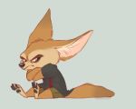 2019 black_nose bottomwear brown_body brown_eyes brown_fur canid canine clothed clothing crossed_arms disney fennec finnick fox fully_clothed fur inner_ear_fluff mammal nyaasu pawpads shirt shorts simple_background sitting solo tan_body tan_fur topwear tuft zootopia 