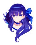  1girl blue_choker blue_eyes blue_hair blue_ribbon blush chan_co choker closed_mouth collarbone colored_eyelashes crystal_earrings earrings expressionless fate/grand_order fate_(series) gem hair_ribbon jewelry long_hair meltryllis portrait ribbon sapphire_(gemstone) simple_background solo sparkle white_background 