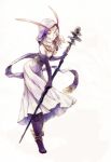  1girl antennae black_legwear dress forehead_jewel full_body gloves holding holding_staff hood jewelry long_hair looking_at_viewer necklace nemu_(isaya) purple_gloves purple_scarf red_eyes scarf simple_background solo staff white_background white_dress white_hair 