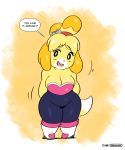  2020 absurd_res animal_crossing anthro beady_eyes blonde_hair breasts canid canine canis cleavage clothed clothing cosplay dialogue digital_media_(artwork) dipstick_tail domestic_dog english_text female hair hands_behind_back hi_res isabelle_(animal_crossing) joaoppereiraus looking_at_viewer mammal multicolored_tail nintendo open_mouth rouge_the_bat shih_tzu signature simple_background solo sonic_the_hedgehog_(series) speech_bubble talking_to_viewer text toy_dog video_games 