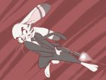  2019 anthro barefoot black_stripes bottomwear clothed clothing disney ear_markings facial_markings fully_clothed fur head_markings holding_gun holding_object holding_weapon jack_savage lagomorph leporid mammal markings necktie nyaasu pants rabbit red_background simple_background solo stripes suit weapon whiskers white_body white_fur zootopia 