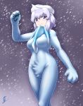  1girl aozame_takao beartic beartic_(cosplay) between_breasts blue_eyes blush bodysuit breasts cosplay grey_background hand_up latex latex_bodysuit letty_whiterock looking_at_viewer medium_breasts outdoors pokemon pokemon_(game) pokemon_bw smile snow touhou white_headwear 