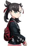  1girl black_hair black_jacket choker closed_mouth dress hair_ribbon hankuri jacket looking_at_viewer mary_(pokemon) medium_hair pink_dress poke_ball poke_ball_(generic) pokemon pokemon_(game) pokemon_swsh ribbon simple_background solo twintails white_background 