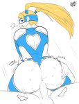  1boy 1girl absurdres anal ass blonde_hair blue_eyes blush clothed_sex happy_sex hetero highres long_hair looking_at_viewer looking_back penis rainbow_mika sex smile testicles tobias_leviathan twintails uncensored wrestling_mask wrestling_outfit 