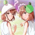  2girls :o ? blush brown_eyes brown_hair hair_ornament helmet misaka_imouto misaka_imouto_10032 misaka_mikoto multiple_girls pointing shirt short_hair shoya_(yama1979) sleeveless sleeveless_shirt standing to_aru_kagaku_no_railgun to_aru_majutsu_no_index white_headwear white_shirt 