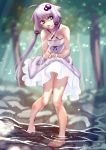  1girl barefoot commentary_request dress hair_ornament highres long_hair looking_at_viewer open_mouth purple_eyes purple_hair short_hair_with_long_locks smile solo soon tree twintails vocaloid water yuzuki_yukari 