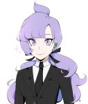  1girl 2017 bangs black_neckwear black_suit breasts commentary earpiece english_commentary eyelashes highres lila_(pokemon) looking_at_viewer milka_(milk4ppl) necktie pokemon pokemon_(game) pokemon_sm ponytail purple_hair signature simple_background small_breasts smile solo sparkle white_background 