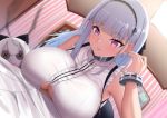  1boy 1girl armpits azur_lane bangs bare_shoulders black_hairband blue_hair blunt_bangs blush bracelet breasts button_eyes ceiling_light dearonnus dido_(azur_lane) doll dutch_angle earrings eyebrows_visible_through_hair fisheye girl_on_top gradient_hair hairband heart heart-shaped_pupils heart_earrings hetero indoors jewelry large_breasts long_hair lying multicolored_hair on_stomach parted_lips purple_eyes shirt silver_hair sleeveless sleeveless_shirt smile solo_focus symbol-shaped_pupils upper_body white_shirt 