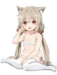  1girl :d animal_ear_fluff animal_ears bangs bare_arms bare_shoulders bra breasts brown_hair cat_ears cleavage eyebrows_visible_through_hair full_body hair_between_eyes hair_ornament hair_scrunchie hand_up highres long_hair looking_at_viewer navel no_shoes open_mouth original panties paw_pose plump red_eyes red_scrunchie scrunchie side-tie_panties sitting skindentation small_breasts smile solo sora_(silent_square) thighhighs twintails underwear underwear_only very_long_hair wariza white_background white_bra white_legwear white_panties 