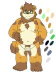  2019 absurd_res anthro balls belly brown_body brown_fur canid canine canis domestic_dog eyewear flaccid fur genitals glasses green_eyes hi_res humanoid_hands humanoid_penis kemono male mammal moobs nipples penis reddo12340 slightly_chubby solo 