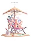  1girl absurdres alcohol alternate_costume animal_ears ash_arms bucket bunny_ears drinking_straw full_body glass_bottle highres ice ice_cube maid maid_headdress parasol red_eyes sand short_hair silver_hair simple_background sitting solo swimsuit tongue tongue_out umbrella vodka white_background 