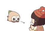  1girl bangs bird black_eyes black_hair bread creature directional_arrow drooling floral_print food gen_7_pokemon holding holding_food hungry lying medium_hair mizuki_(pokemon) on_stomach pokemon pokemon_(creature) pokemon_(game) pokemon_sm red_headwear rowlet shirt short_sleeves simple_background ssalbulre sweat white_background 