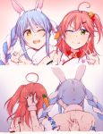  2girls 3e ;p ahoge animal_ear_fluff animal_ears bare_back bare_shoulders bell blue_hair braid bunny_ears bunny_girl carrot carrot_hair_ornament cherry_blossoms extra_ears eyebrows eyebrows_visible_through_hair food_themed_hair_ornament green_eyes hair_bell hair_between_eyes hair_ornament hair_pull hairclip hololive long_braid long_hair multicolored_hair multiple_girls one_eye_closed open_mouth pinching pink_hair sakura_miko scarf shoulder_blades sweat symbol-shaped_pupils tongue tongue_out twin_braids two-tone_hair upper_teeth usada_pekora veins virtual_youtuber w white_hair yellow_eyes 