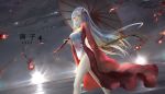  1girl 2020 bangs breasts china_dress chinese_clothes commentary_request dress dutch_angle facing_viewer grey_hair highres long_hair medium_breasts one_side_up oriental_umbrella original red_eyes short_dress sleeves_past_wrists solo space_craft umbrella walking wangchuan_de_quanyan wide_sleeves 