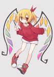  1girl alternate_costume asameshi blonde_hair blush_stickers casual commentary contemporary cross-laced_footwear crystal eyebrows_visible_through_hair flandre_scarlet food food_in_mouth full_body grey_background hair_ribbon high_tops holding holding_food leaning_forward long_sleeves pocky pocky_day pointy_ears raised_eyebrows red_eyes red_footwear red_ribbon red_sweater ribbon shoes short_hair shorts side_ponytail simple_background smile sneakers solo sweater touhou white_shorts wings 