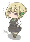  1girl artist_name blonde_hair braid braided_bun commentary_request cosplay curse_(023) dated dress full_body green_ribbon kantai_collection kasumi_(kantai_collection) kasumi_(kantai_collection)_(cosplay) long_sleeves looking_at_viewer neck_ribbon perth_(kantai_collection) pinafore_dress purple_eyes remodel_(kantai_collection) ribbon school_uniform short_hair solo standing 