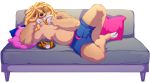  blonde_hair blue_eyes chicken_tenders claws clothing condiments dogadee_(artist) eating food furniture hair licking male mammal nipples pillow pilosan pose slightly_chubby sloth sofa tongue tongue_out underwear xenarthran 