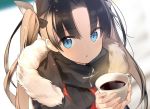  aqua_eyes brown_hair close drink fate/stay_night fate_(series) hoodie long_hair sama scarf tohsaka_rin twintails 