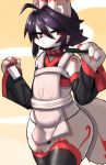  4_fingers :&lt; anthro apron armwear black_hair black_nose bulge butt canid canine choker claws clothed clothing detached_sleeves fingers fox fur girly hair jewelry kemono kemosara legwear looking_at_viewer male mammal markings necklace red_claws red_eyes red_markings slit_pupils solo standing thigh_highs thong underwear waiter white_body white_fur wide_hips 