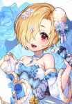  1girl bangs bare_shoulders blonde_hair blue_flower blue_nails blue_ribbon blush bow breasts detached_sleeves dress earrings fang floral_background flower frilled_dress frilled_sleeves frills fur_trim hair_bow hair_ornament hair_over_one_eye holding holding_microphone idolmaster idolmaster_cinderella_girls idolmaster_cinderella_girls_starlight_stage jewelry lerome microphone multiple_necklaces necklace open_mouth parted_bangs pearl_necklace pendant red_eyes ribbon rose shirasaka_koume short_hair sleeves_past_wrists small_breasts smile snowflake_hair_ornament snowflake_print solo strapless strapless_dress tube_dress white_flower white_rose yellow_flower 