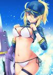  1girl ahoge artoria_pendragon_(all) bangs baseball_cap bikini blue_headwear breasts cleavage covered_nipples fate/grand_order fate_(series) groin hair_between_eyes hat highres kirishima_satoshi medium_breasts mysterious_heroine_xx_(foreigner) navel open_mouth ponytail short_hair shrug_(clothing) side-tie_bikini sleeves_past_wrists solo swimsuit sword twinmyniad weapon white_bikini wristband 