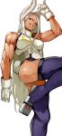 &gt;:) 1girl 55level animal_ears arm_at_side arm_up ass bare_arms bare_shoulders biceps boku_no_hero_academia breasts bunny_ears bunny_tail dark_skin fur_collar gloves grin highleg highleg_leotard highres knee_up leotard long_hair looking_at_viewer medium_breasts muscle muscular_female purple_eyes purple_legwear shiny shiny_skin simple_background smile solo tail thighhighs usagiyama_rumi v-shaped_eyebrows very_long_hair white_background white_gloves white_hair 