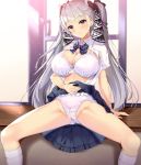  1girl azur_lane bangs blush breasts cleavage contemporary formidable_(azur_lane) fukuda_shuushi grey_hair highres large_breasts long_hair looking_at_viewer panties red_eyes ribbon skirt skirt_lift smile solo spread_legs twintails two-tone_ribbon underwear very_long_hair 