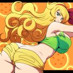  1girl ass bare_shoulders blonde_hair breasts bright_pupils butt_crack closed_mouth crop_top curly_hair dragon_ball dragon_ball_(classic) dragon_ball_(object) from_behind green_eyes green_shirt hairband kara_age large_breasts letterboxed long_hair looking_at_viewer looking_back lunch_(dragon_ball) red_hairband shirt short_shorts shorts solo star tank_top v-shaped_eyebrows very_long_hair white_pupils yellow_shorts 