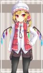  1girl alternate_costume beanie black_legwear blonde_hair bolo_tie brown_shorts check_commentary commentary commentary_request contemporary cowboy_shot crystal eyebrows_visible_through_hair flandre_scarlet hair_ornament hair_ribbon hairclip hand_on_hip hat highres long_hair long_sleeves looking_at_viewer pointy_ears pom_pom_(clothes) red_eyes red_ribbon red_vest ribbon shirt shorts side_ponytail smile solo striped striped_background suspenders_hanging touhou uumaru vest white_headwear white_shirt wings 