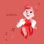  1:1 anthro blush bow clarice_(disney) clothed clothing disney dress english_text eyelashes feather_boa footwear fur jir_dis low_res monochrome musical_note open_mouth open_smile red_and_white red_nose ribbons simple_background sitting smile solo text 
