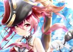  1girl absurdres arrow_through_heart bare_shoulders blue_sky breasts closed_mouth cloud cravat eyepatch eyepatch_removed gloves hair_between_eyes hat heterochromia highres hololive houshou_marine outdoors pink_hair pirate_hat red_eyes sky solo takemura-kou0606 twintails virtual_youtuber white_gloves yellow_eyes 