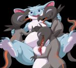  ambiguous_gender blue_eyes blush cunnilingus female female/ambiguous feral genitals group group_sex kobold licking nintendo oral pata pok&eacute;mon pok&eacute;mon_(species) pussy salandit sex simple_background tongue tongue_out vaginal video_games 