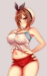  1girl atelier_(series) atelier_ryza bangs blush breasts brown_eyes brown_hair covered_nipples hair_ornament hairclip hat hevn jewelry large_breasts looking_at_viewer navel necklace reisalin_stout short_hair short_shorts shorts simple_background solo star star_necklace 