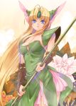  1girl blonde_hair blue_eyes breasts bridal_gauntlets cleavage dress eyebrows_visible_through_hair flower forehead_jewel green_dress holding holding_spear holding_weapon kirishima_satoshi leaf long_hair medium_breasts open_mouth orange_flower pauldrons polearm riesz seiken_densetsu seiken_densetsu_3 solo spear strapless strapless_dress very_long_hair weapon white_dress white_flower 