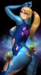  1girl alien arms_up ass blonde_hair blue_bodysuit blue_eyes blush bodysuit breasts from_behind hair_between_eyes hands_up highres long_hair looking_at_viewer looking_back medium_breasts metroid mole mole_under_mouth nextoad no_bra no_panties ponytail samus_aran skin_tight skindentation solo space tied_hair torn_bodysuit torn_clothes zero_suit 