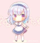  1girl :o apron azur_lane bangs blue_hairband blue_skirt blush brown_background chibi commentary_request dido_(azur_lane) eyebrows_visible_through_hair floral_background full_body grey_footwear hair_between_eyes hairband kouu_hiyoyo long_hair looking_at_viewer outstretched_arm parted_lips red_eyes shirt silver_hair skirt sleeveless sleeveless_shirt solo standing thighhighs twitter_username waist_apron white_apron white_legwear white_shirt 