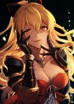  1girl black_bow blonde_hair bow breasts cleavage collarbone detached_collar feb_itk gauntlets granblue_fantasy hair_between_eyes hair_bow highres long_hair looking_at_viewer medium_breasts ponytail red_eyes smile solo upper_body vira_lilie 