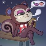  1:1 animal_crossing bench bottomless cigarette clothed clothing colored crossed_legs dress feet food fruit hi_res makeup night nintendo pecan_(animal_crossing) plant simski smoking solo suggestive thought_bubble video_games 