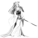  absurdres armor hair_ornament highres ikegami_akiko japanese_clothes kimono long_ponytail monochrome official_art samurai sword tomoe_(wizardry) weapon wizardry 