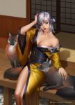  1girl breasts ciri cleavage eyeshadow flower fox green_eyes hair_flower hair_ornament japanese_clothes kimono looking_at_viewer makeup medium_breasts nextoad patting scar silver_hair sitting solo the_witcher the_witcher_3 tied_hair yellow_kimono 