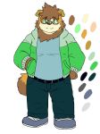  2019 absurd_res anthro belly bottomwear brown_body brown_fur canid canine canis clothing domestic_dog eyewear fur glasses green_eyes hi_res humanoid_hands kemono male mammal pants reddo12340 shirt slightly_chubby solo topwear 