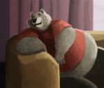  anthro arm_support belly brown_bear brown_body brown_fur chubby_cheeks clothed clothing curtains feedtheboss fur furniture hi_res inside male mammal midriff open_mouth open_smile overweight overweight_male reclining smile sofa solo ursid ursine window 