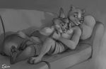  2020 anthro anthro_on_anthro badger bulge canid canine cheek_tuft clothed clothing disney duo facial_tuft fox fur furniture gideon_grey greyscale hi_res inner_ear_fluff male male/male mammal monochrome mustelid musteline reclining red_fox s1m smile sofa topless tuft zootopia 