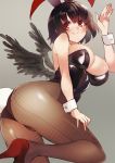  1girl animal_ears ass bangs bare_arms bare_shoulders black_hair black_leotard black_wings blush breasts brown_legwear bunny_ears bunny_tail bunnysuit commentary_request eyebrows_visible_through_hair fake_animal_ears fake_tail feathered_wings feet_out_of_frame grey_background hand_up high_heels highres ken_(coffee_michikusa) large_breasts leotard looking_at_viewer pantyhose red_eyes red_footwear shameimaru_aya short_hair simple_background smile solo strapless strapless_leotard tail thighs touhou wings wrist_cuffs 