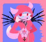  absurd_res canid canine clothing demon female fur hi_res hoodie illustration mammal pink_body pink_fur red_eyes smile topwear 