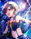  1girl :d anaroguya antenna_hair bangs belt belt_buckle blue_pants breasts brown_hair buckle choker collarbone crop_top from_below hat idol idolmaster idolmaster_(classic) kikuchi_makoto midriff navel open_mouth pants purple_eyes shiny shiny_hair short_hair small_breasts smile solo stomach suspenders swept_bangs white_belt white_headwear 